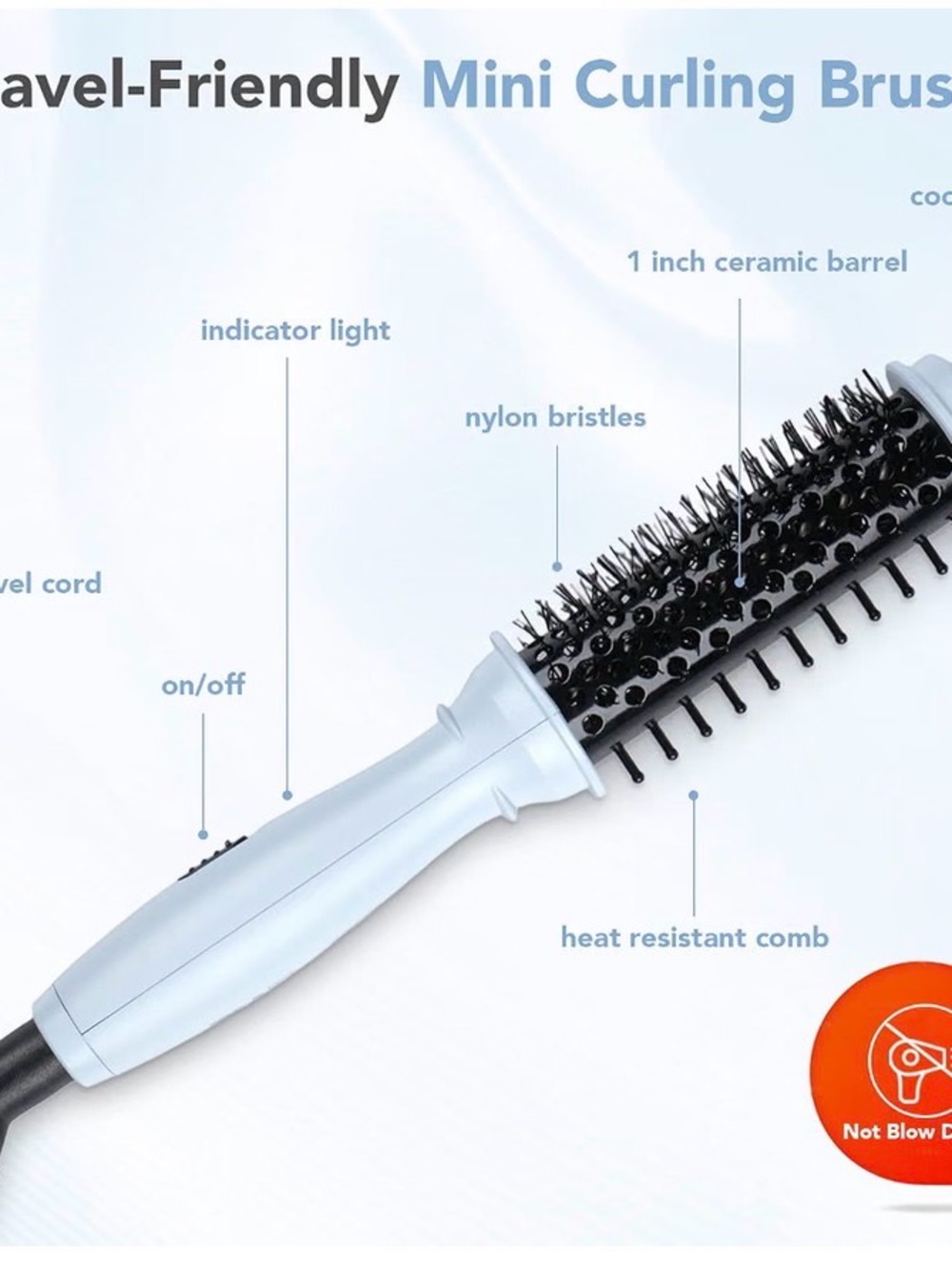 Travel size Mini Curling Brush Hot Styler - Light Blue